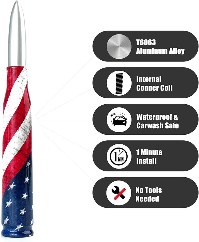 CZSWCH Car Truck 50 Cal Bullet Antenna American Flag Design Compatible with Ford F150 F250 F350, Dodge RAM 1500, Chevy Silverado,GMC sierra, Jeep Wrangler/Gladiator, Toyota Tundra/Tacoma.1990-Current. - Image 3